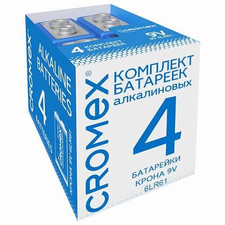 Батарейки алкалиновые КОМПЛЕКТ 4 шт., CROMEX Alkaline, Крона 9V (6LR61, 6LF22, 1604A), короб, 456453