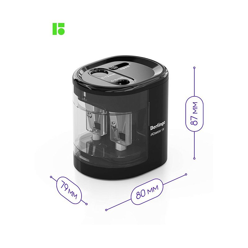 Точилка электрическая Berlingo "Power TX" 2 отверстия, черная, с контейнером, картон. упаковка 