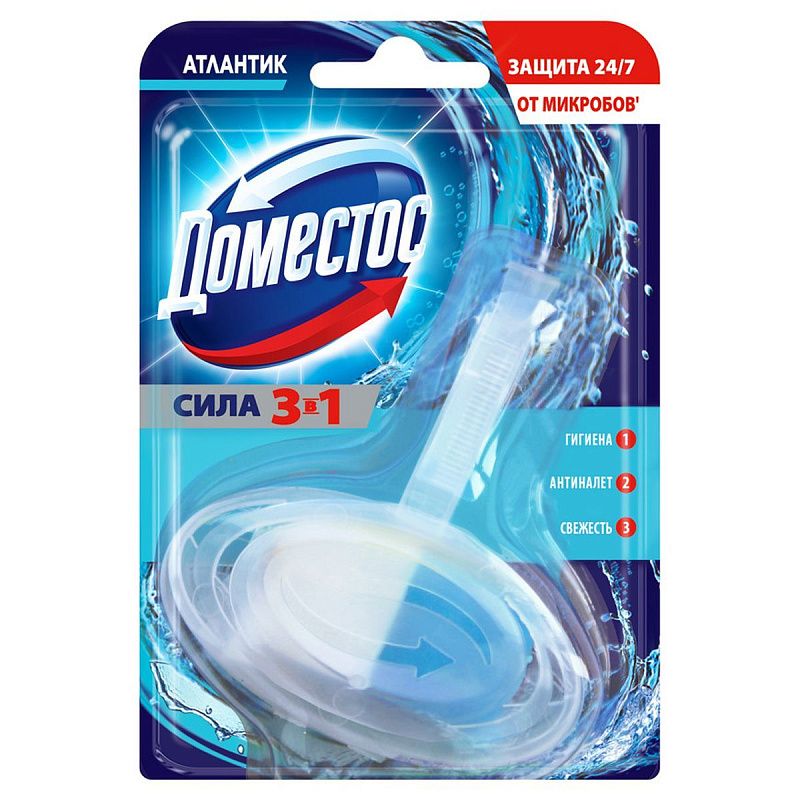 Подвесной блок для унитаза Domestos "3в1 Атлантик" 40г, твердый 
