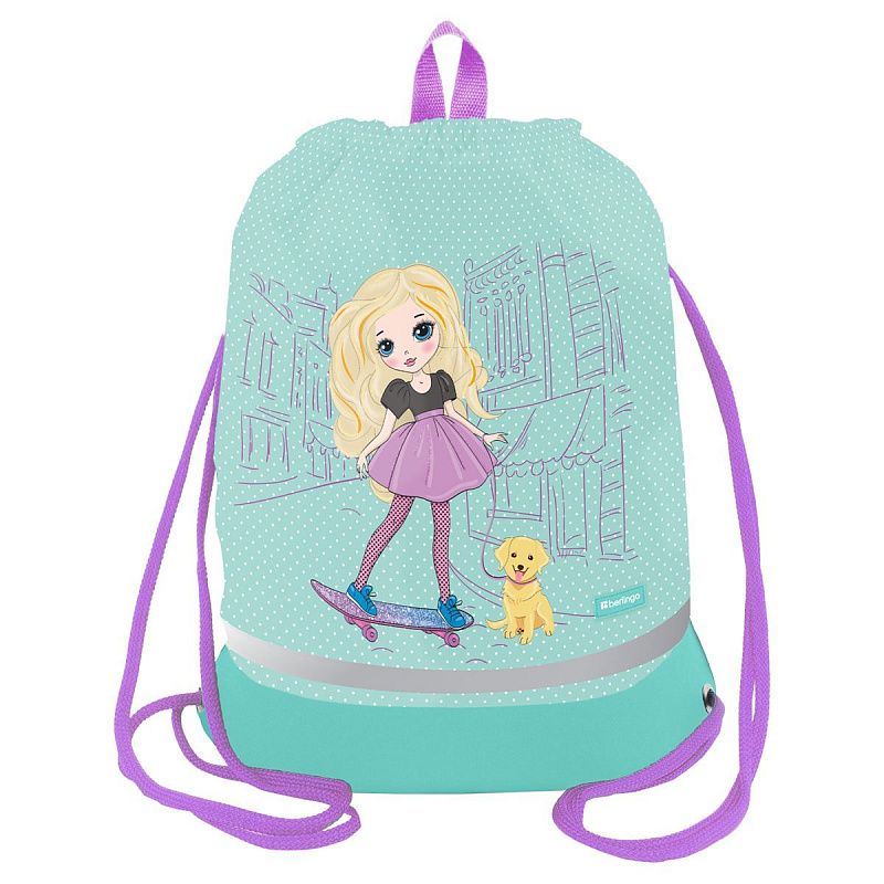 Мешок для обуви 1 отделение Berlingo "Pretty girl", 400*480мм, расширяющееся дно, светоотражающая лента, карман на молнии