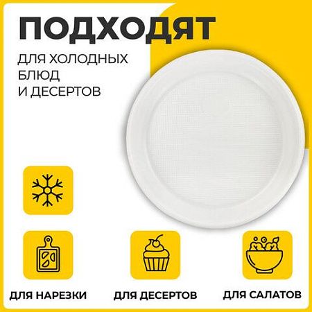 Одноразовые тарелки десертные, КОМПЛЕКТ 100 шт., пластик, d=170 мм, БЮДЖЕТ, белые, ПС, холодное/горячее, LAIMA, 600942