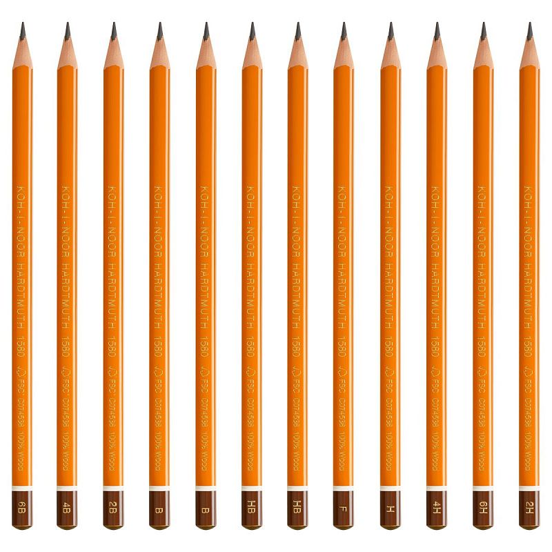 Набор карандашей ч/г Koh-I-Noor "1582" 12шт., 6B-6H, трехгранный, заточен., метал.пенал 