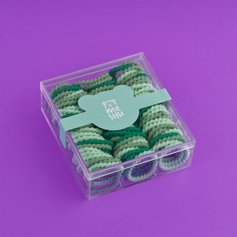 Резинки для волос MESHU, тонкие, зеленые ассорти, 90шт., пластиковый бокс