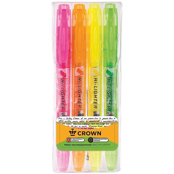 Набор текстовыделителей Crown "Multi Hi-Lighter" 04цв., 1-4мм, чехол с европодвесом