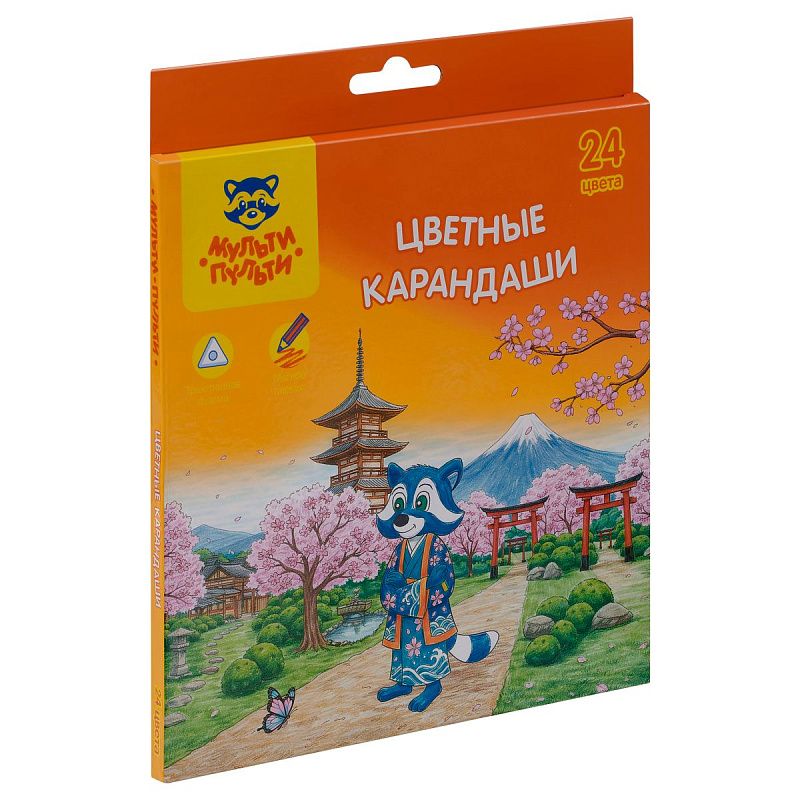Карандаши цветные Мульти-Пульти "Енот в Японии", 24 цв., трехгран., заточен., картон, европодвес, термоусадка