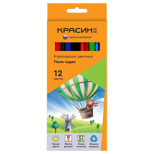 Карандаши цветные Красин "Поле чудес", 12цв., трехгр., заточен., картон, европодвес