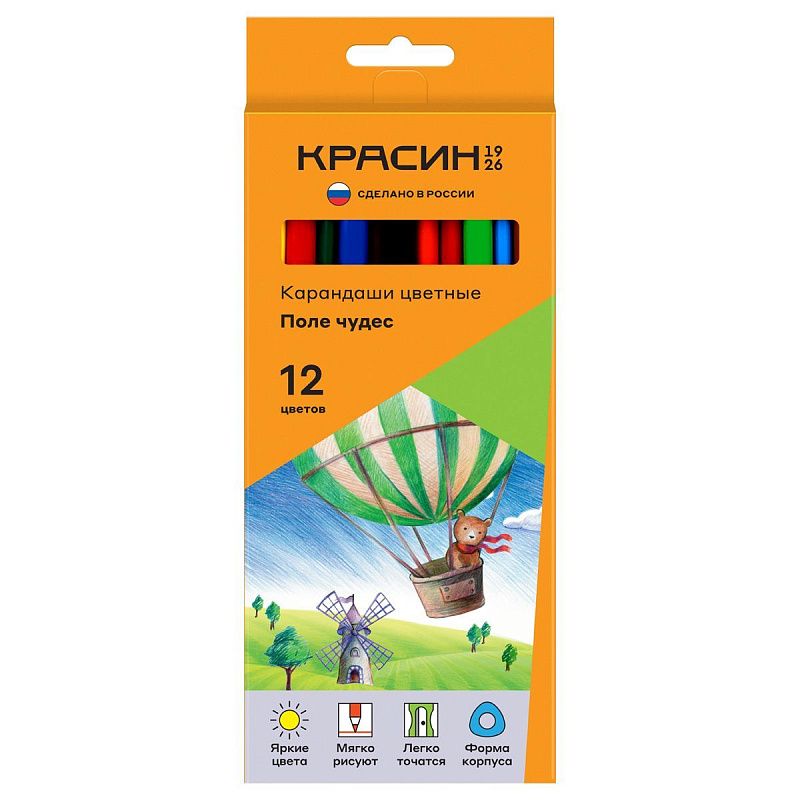 Карандаши цветные Красин "Поле чудес", 12цв., трехгр., заточен., картон, европодвес