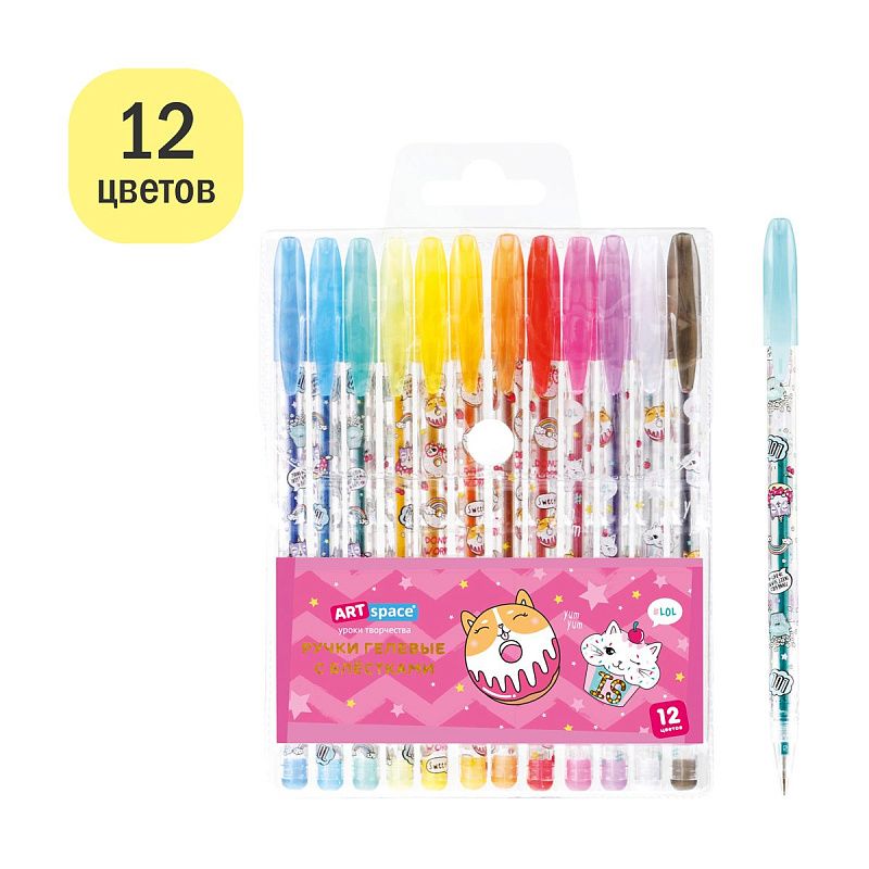 Набор гелевых ручек ArtSpace "Кот-сластена" 12цв., 1,0мм, с блестками, ПВХ чехол 