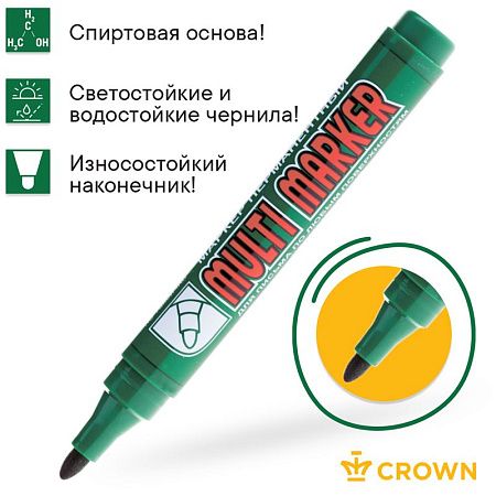 Маркер перманентный Crown "Multi Marker" зеленый, пулевидный, 3мм 