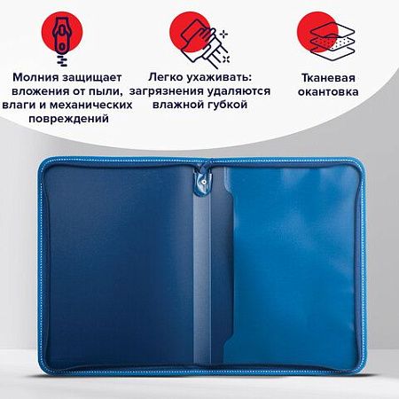 Папка на молнии пластиковая BRAUBERG "Contract", А4, 335х242 мм, внутренний карман, синяя, 225161 