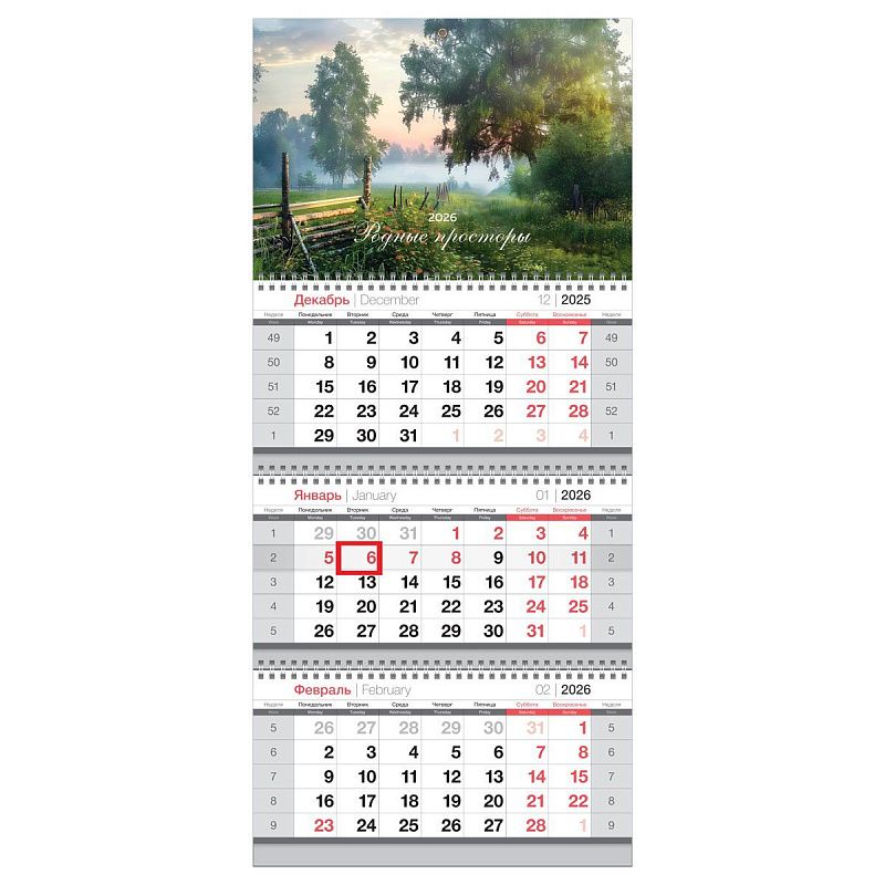 Календарь квартальный 3 бл. на 3 гр., 295*660 мм BG "Родные просторы", с бегунком, 2026г.