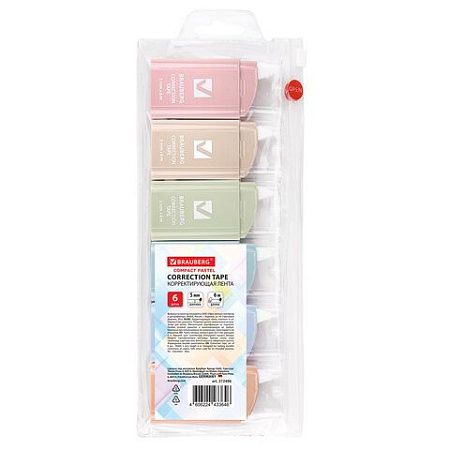 Корректирующая лента BRAUBERG COMPACT PASTEL, 5 мм х 6 м, КОМПЛЕКТ 6 штук, пенал с zip-lock, 272496