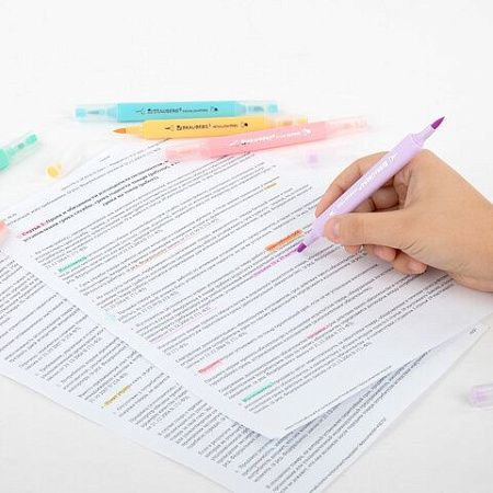 Набор текстовыделителей двусторонних (скошенный/кисть) 6 ПАСТЕЛЬНЫХ ЦВЕТОВ, АССОРТИ, BRAUBERG TIP-D, трехгранный корпус, 152533 