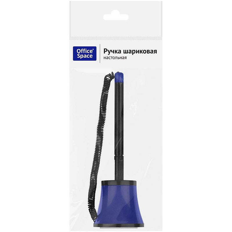 Ручка шариковая настольная OfficeSpace синяя, 0,7мм, черный корпус, синяя подставка, европодвес 