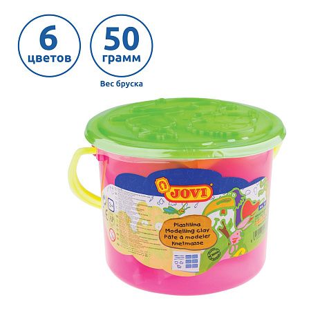 Пластилин JOVI, 06 цветов, 300г, растительный, формочки, стеки, клеенка, в ведре