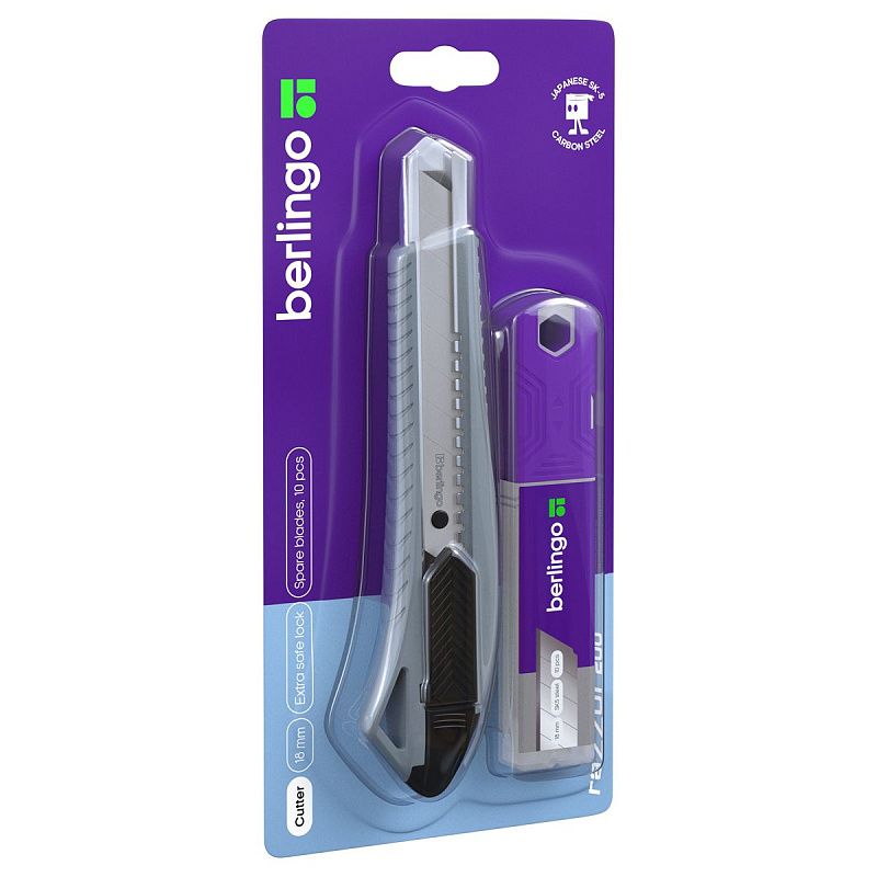 Нож канцелярский 18мм Berlingo "Razzor 200", серый + лезвия сменные 10шт., блистер, европодвес