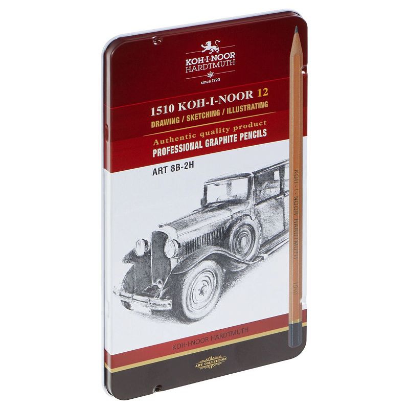 Набор карандашей ч/г Koh-I-Noor "1512" 12шт., 8B-2H, металл. пенал, с неокрашенным корпусом 