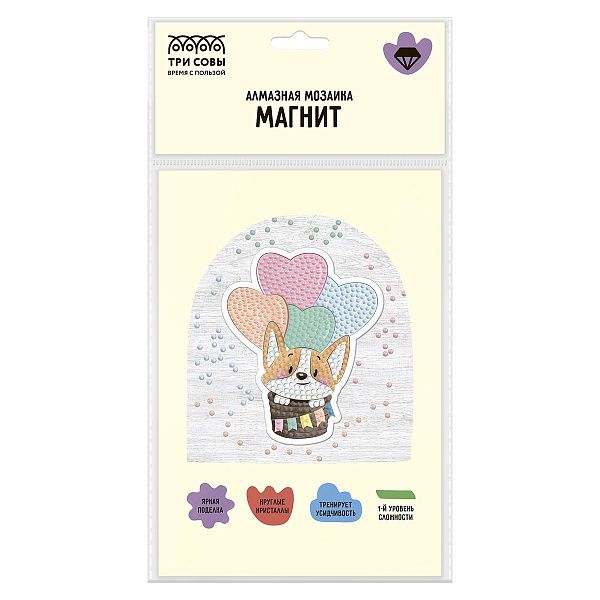 Алмазная мозаика, магнит ТРИ СОВЫ "Корги-путешественник", пакет с европодвесом