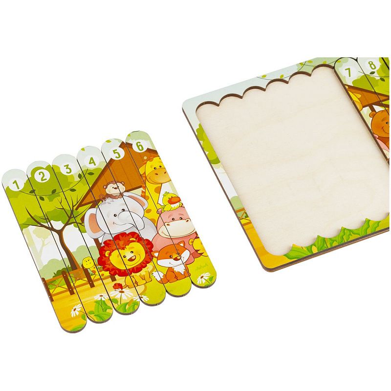 Деревянный пазл - палочки ТРИ СОВЫ "Зоопарк", 10 деталей на подложке, фанера 