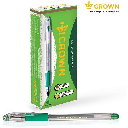 Ручка гелевая Crown "Hi-Jell Grip" зеленая, 0,5мм, грип 