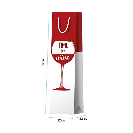 Пакет подарочный 12*36*8,5см ArtSpace "Time for wine. Red", матовое ламинирование, выб. лак, под бутылку