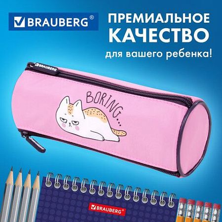 Пенал BRAUBERG, 3 отделения, нейлон, 21х7х7см, Lazy cat, 272306 