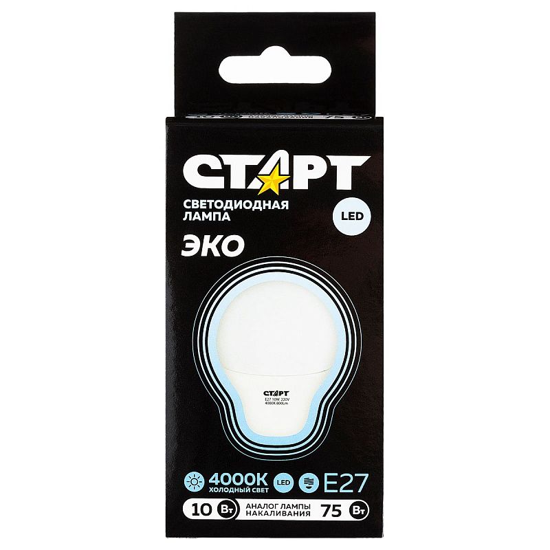 Лампа светодиодная Старт LED, серия "WS" 10W40, тип А "груша", E27, 4000К, нейтральный свет, 25000ч