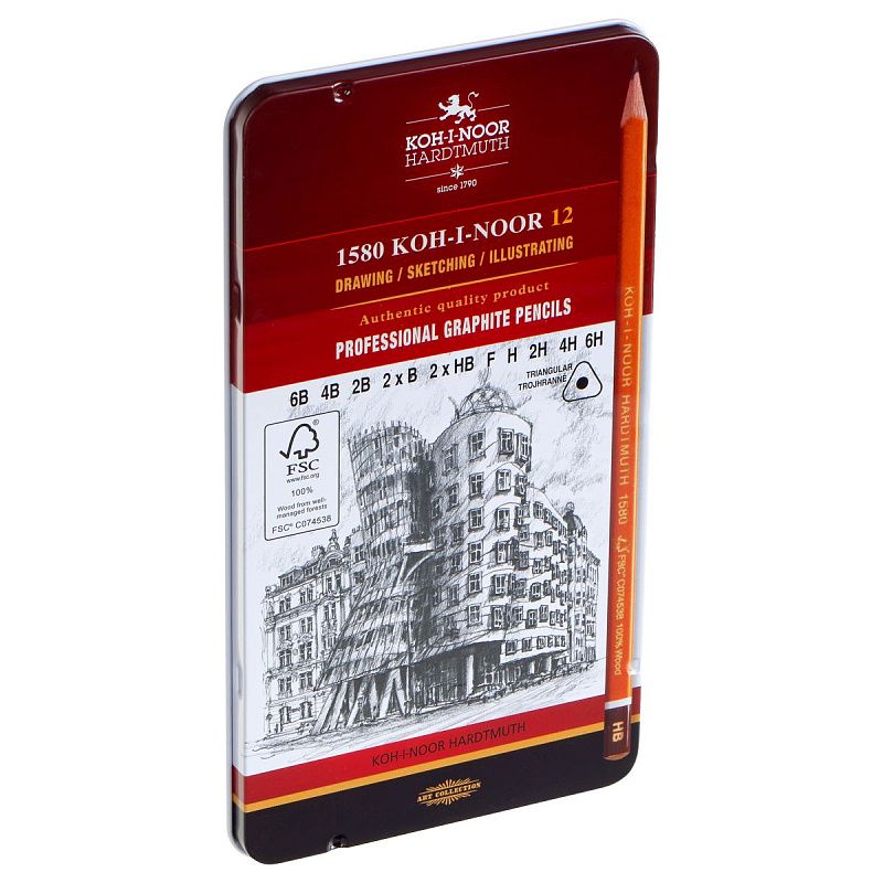 Набор карандашей ч/г Koh-I-Noor "1582" 12шт., 6B-6H, трехгранный, заточен., метал.пенал 