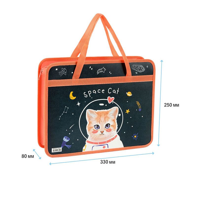 Папка с ручками А4 ArtSpace "Space Cat", пластик, на молнии, 80мм 