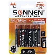 Батарейки аккумуляторные Ni-Mh пальчиковые КОМПЛЕКТ 4 шт., АА (HR6) 2100 mAh, SONNEN, 455606 Батарейки аккумуляторные Ni-Mh пальчиковые КОМПЛЕКТ 4 шт., АА (HR6) 2100 mAh, SONNEN, 455606