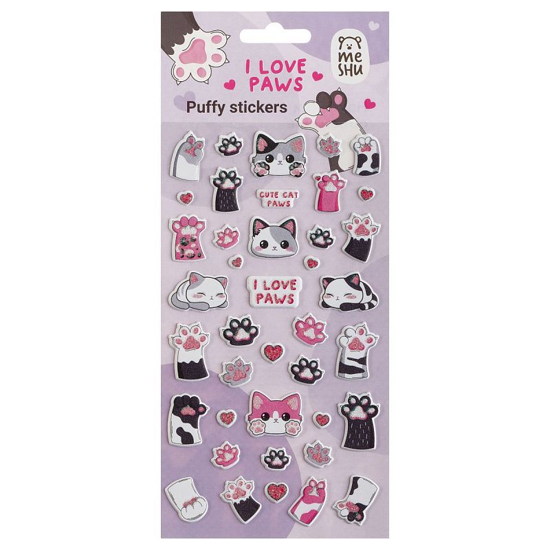 Наклейки объемные MESHU "Love Paws", 10*23см, с блестками, инд. уп., европодвес