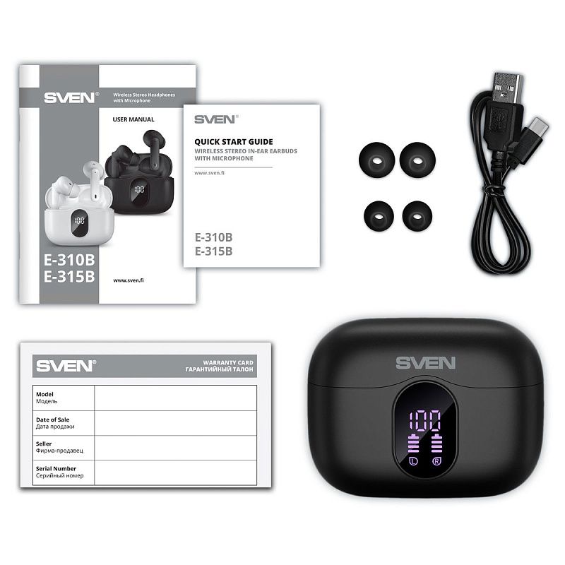 Наушники с микрофоном беспроводные Sven E-315B, TWS Bluetooth, разъем Type-C, черный
