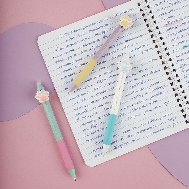 Ручка гелевая стираемая автоматическая MESHU "Sweet paws" синяя, 0,5мм, корпус ассорти, с топпером 