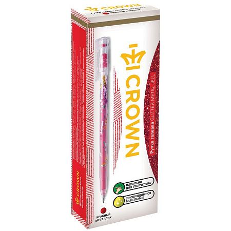Ручка гелевая Crown "Glitter Metal Jell" красная с блестками, 1,0мм 