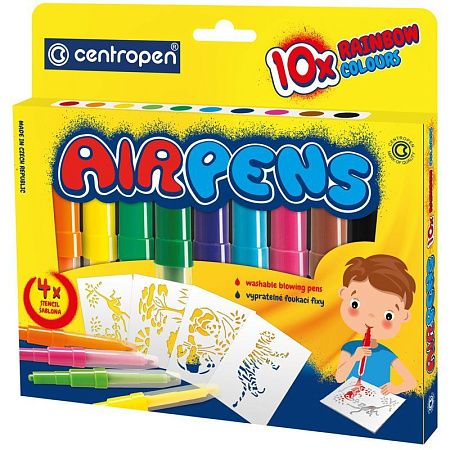 Фломастеры воздушные Centropen "AirPens Rainbow", 10цв.+4 трафарета, картон. упаковка