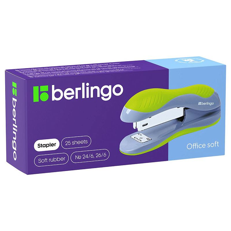 Степлер №24/6, 26/6 Berlingo "Office Soft" до 25л., пластиковый корпус, зеленый