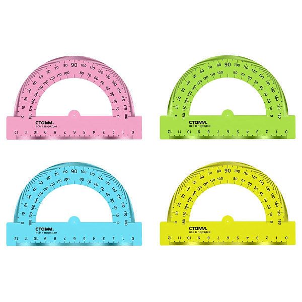 Транспортир 12см, 180° СТАММ, пластиковый, прозрачный, неоновые цвета, ассорти