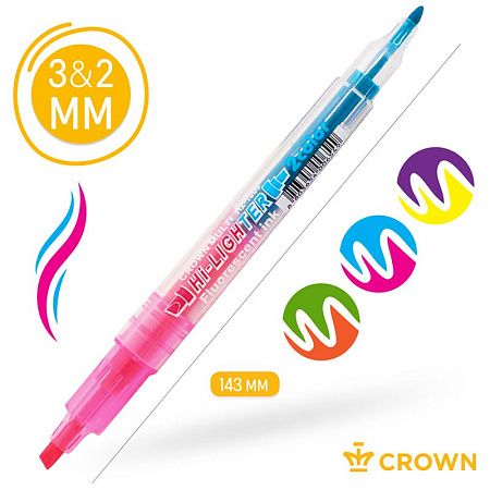 Набор текстовыделителей двухсторонних Crown "Multi Hi-Lighter Twin" 3шт., 06цв., 3/2мм, блистер 