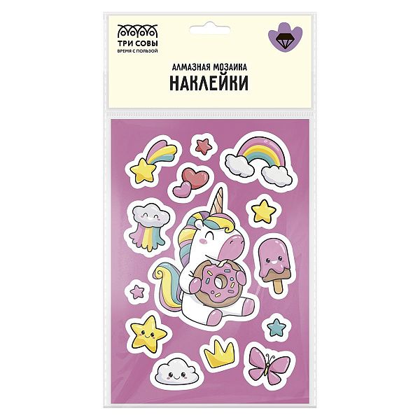 Алмазная мозаика, наклейки ТРИ СОВЫ "Единорог и пончик", пакет с европодвесом