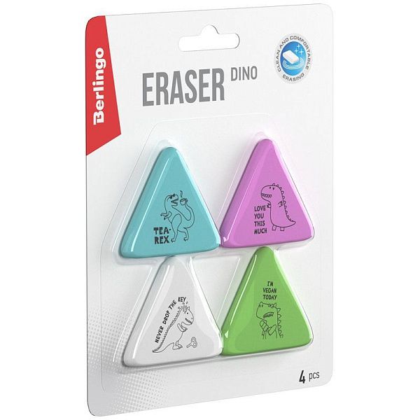 Ластик Berlingo "Dino", 4шт., треугольные, 50*44*7мм, блистер