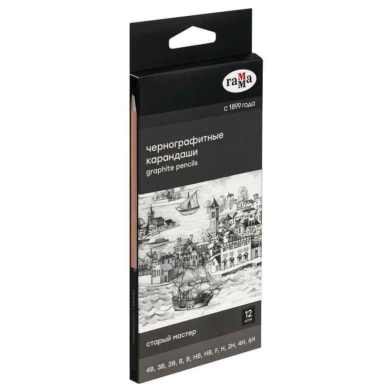 Набор карандашей ч/г Гамма 12шт., 4B-6H, кедр, картон. упаковка, европодвес 