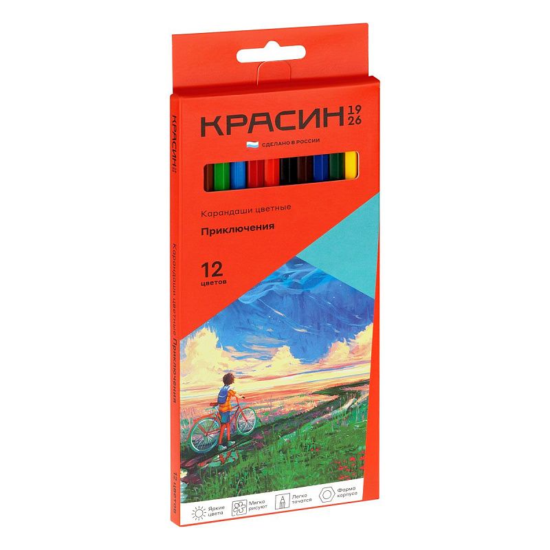Карандаши цветные Красин "Приключения", 12цв., шестигран., заточен., картон, европодвес