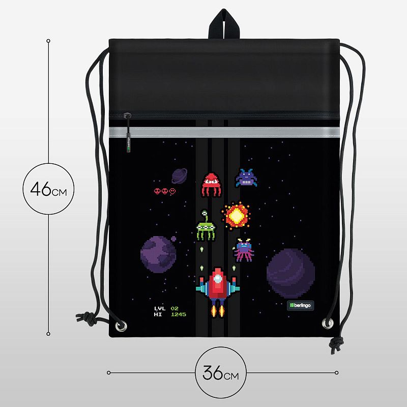 Мешок для обуви 1 отделение Berlingo "Space Battle", 360*460мм, вентиляционная сеточка , светоотражающая лента, карман на молнии 