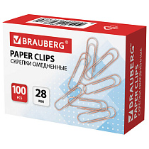 Скрепки BRAUBERG, 28 мм, омедненные, 100 шт., в картонной коробке, 270448