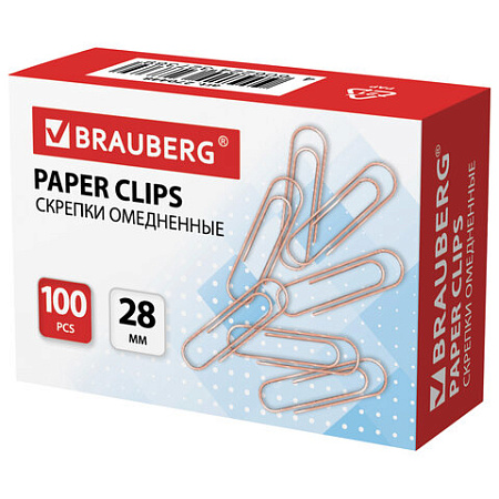 Скрепки BRAUBERG, 28 мм, омедненные, 100 шт., в картонной коробке, 270448