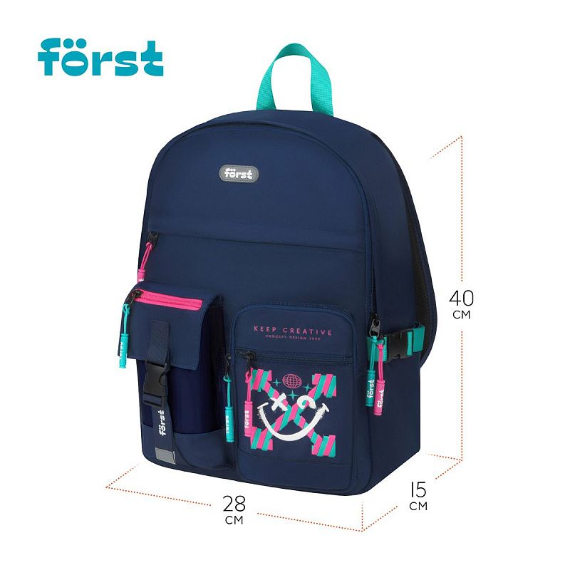 Рюкзак Först F-Teens "Pinky smile" 40*28*15см, 1 отделение, 7 карманов, уплотненная спинка 
