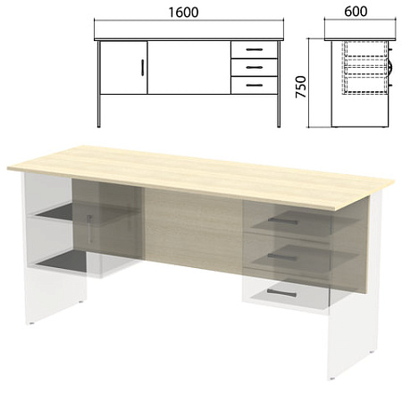 Столешница, царга стола письменного с 2 тумбами "Канц" 1600х600х750 мм, цвет дуб молочный, СК28.15.1