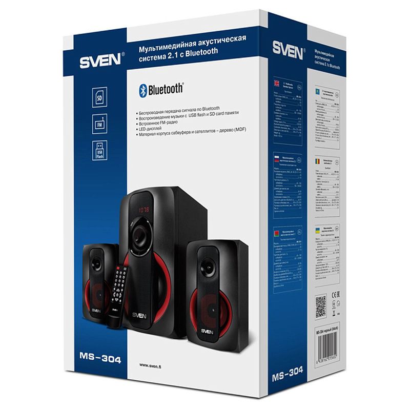 Колонки Sven MS-304, 2*10W+Subwoofer 20W, деревянный корпус, Bluetooth, FM, LED-дисплей, пульт, USB, SD, черный