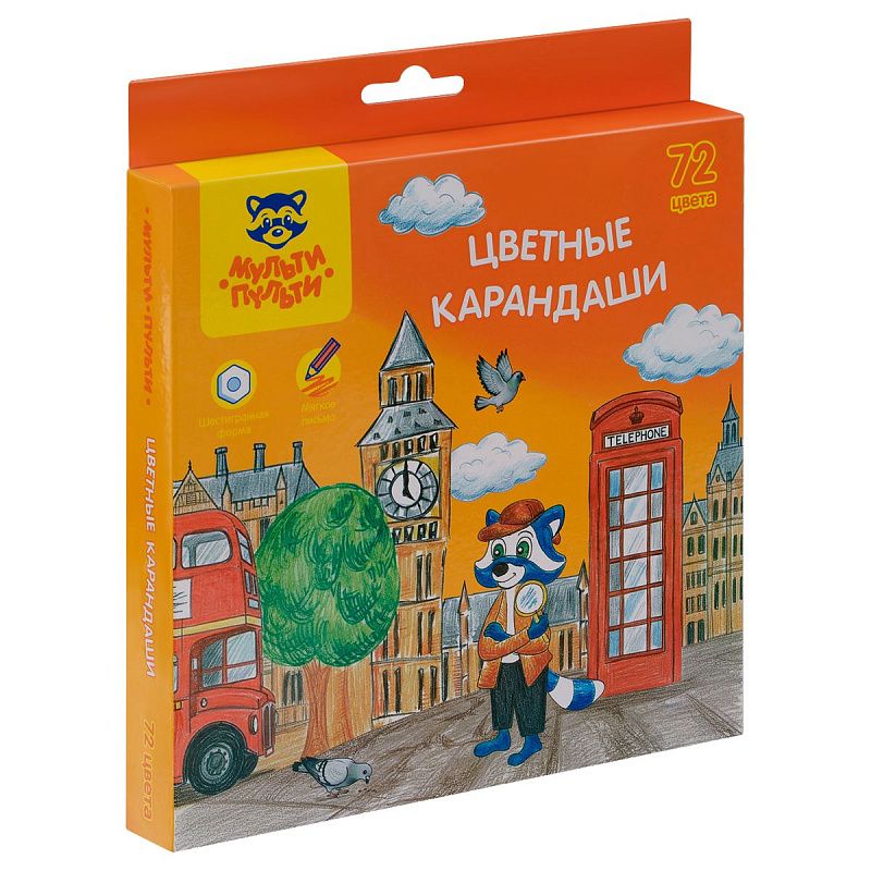 Карандаши цветные Мульти-Пульти "Енот в Англии", 72 цв., шестигран., заточен., картон, европодвес, термоусадка