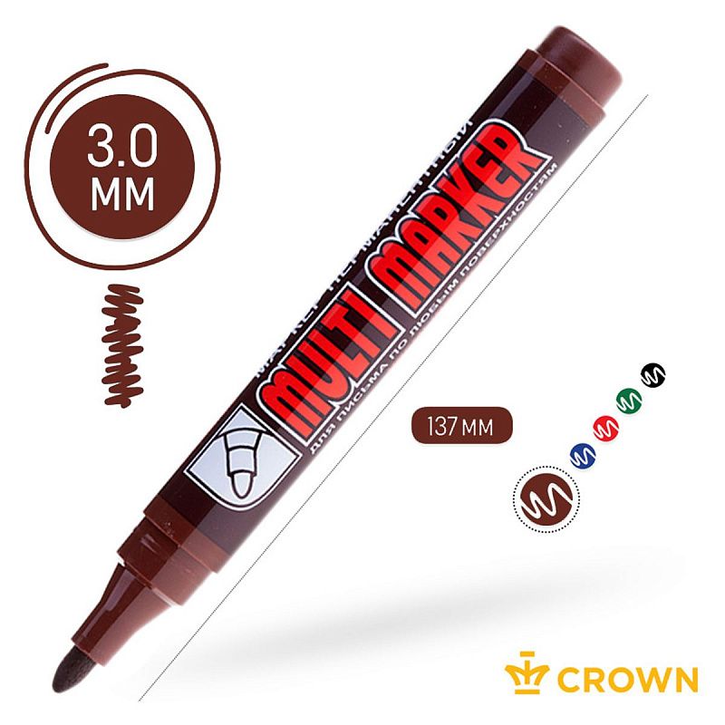 Маркер перманентный Crown "Multi Marker" коричневый, пулевидный, 3мм 